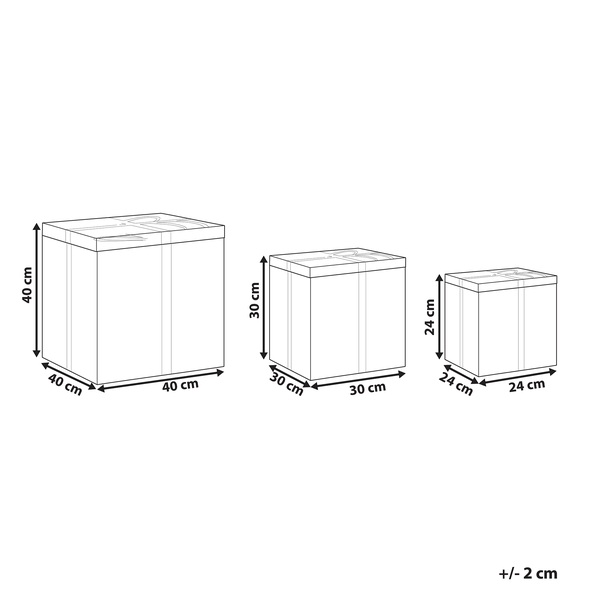 Drei Aufbewahrungsboxen in verschiedenen Größen mit Maßangaben