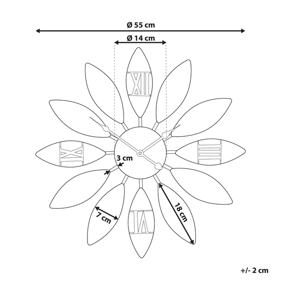 Technische Zeichnung einer Uhr mit Blütenblattdesign und Maßangaben