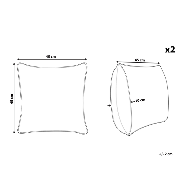 Maße für ein Set aus 2 Kissen: Breite 45 Zentimeter, Höhe 45 Zentimeter, Tiefe 10 Zentimeter, Abweichung plus minus 2 Zentimeter.