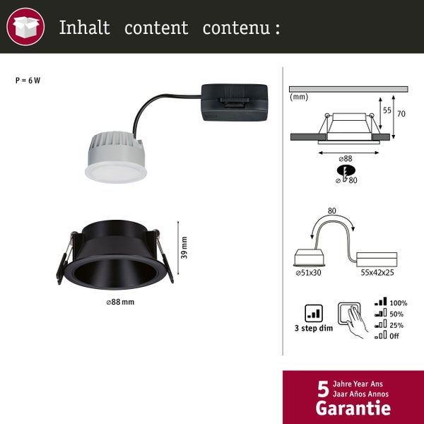 LED Einbauleuchte 3-Step-Dim Cole Coin 1er-Set IP44 rund 88mm Coin 6W 470lm 230V dimmbar 2700K Schwarz
