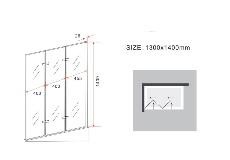 Technische Zeichnung einer Duschwand mit Abmessungen 1300x1400 mm.