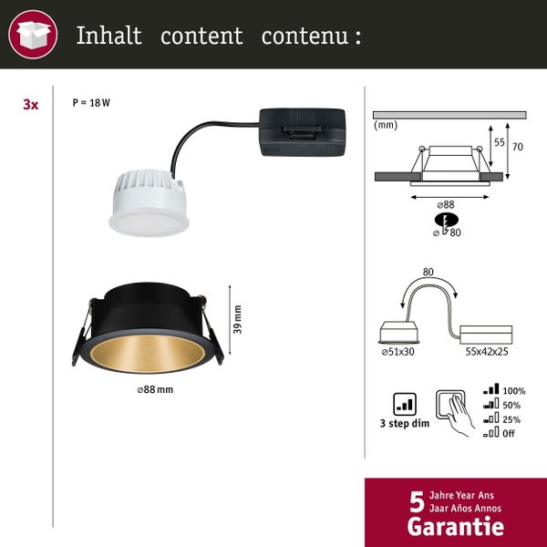 LED Einbauleuchte 3-Step-Dim Cole Coin 3er-Set IP44 rund 88mm Coin 3x6W 3x470lm 230V dimmbar 2700K Schwarz, Gold matt
