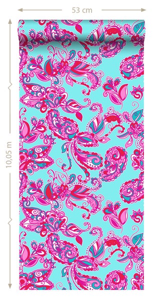 ESTAhome Tapete funky Blumen und Paisleys Türkis und Rosa - 53 cm x 10.05 m - 136840