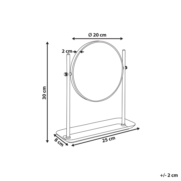 Technische Zeichnung eines runden Tischspiegels mit Maßangaben