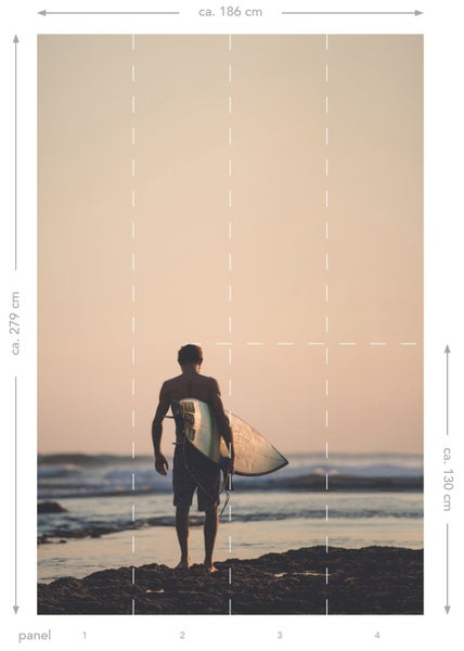 ESTAhome Fototapete Surfer mit Surfbrett Abendrot, Blau und Schwarz - 1,86 x 2,79 m - 158847