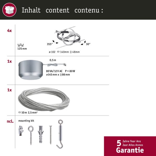 Seilsystem Cardan Basisset GU5,3 max. 4x10W dimmbar 230/12V Chrom matt, Chrom