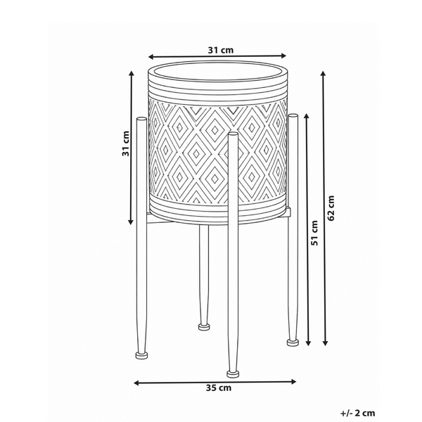 Maßzeichnung eines runden Pflanzkübels mit geometrischem Muster auf einem Gestell mit vier Beinen, Gesamthöhe 62 Zentimeter.