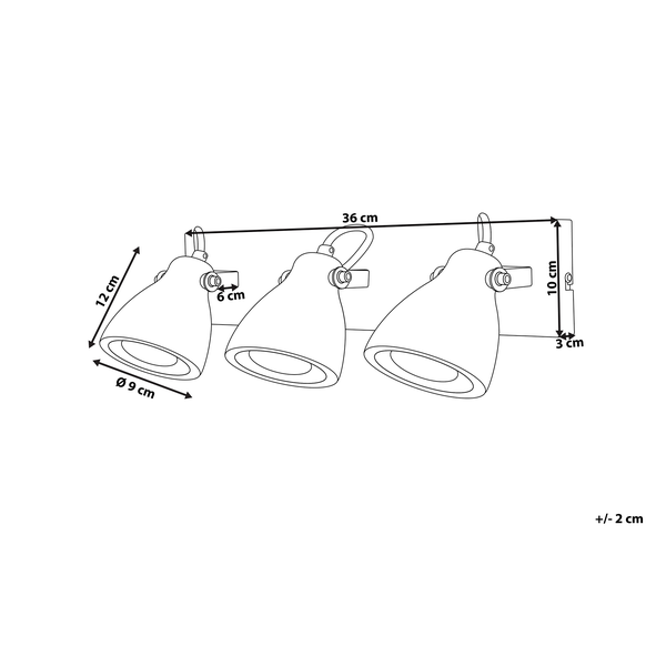 Abmessungen einer Dreifach-Deckenleuchte mit drei Strahlern.