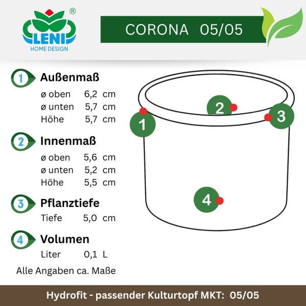 Maßzeichnung für Leni Home Design Pflanztopf Corona 05/05 mit Angaben zu Außen- und Innenmaßen, Pflanztiefe und Volumen in Zentimeter und Liter.
