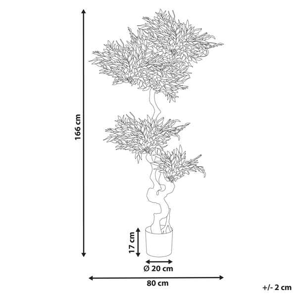 Abmessungen eines Kunstbaumes: 166 cm hoch, Topf 17 cm hoch, Durchmesser Topf 20 cm, Durchmesser Baumkrone 80 cm