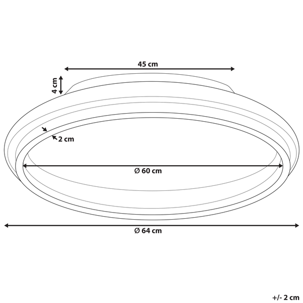 Technische Zeichnung einer Deckenleuchte mit den Maßen 64 cm Durchmesser, 60 cm Durchmesser, 45 cm Länge und 4 cm Höhe