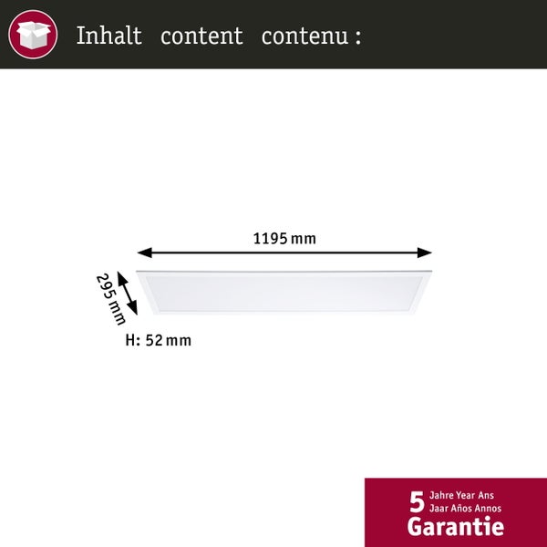 Abmessungen einer Paneelleuchte: 1195 mm Länge, 295 mm Breite, 52 mm Höhe