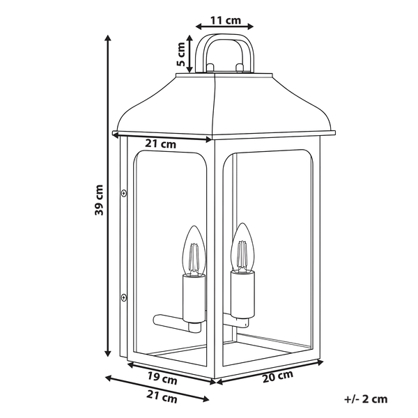 Zeichnung einer Laterne mit Maßen: Höhe 39 Zentimeter, Breite 21 Zentimeter, Tiefe 21 Zentimeter. Abweichung plus minus 2 Zentimeter.
