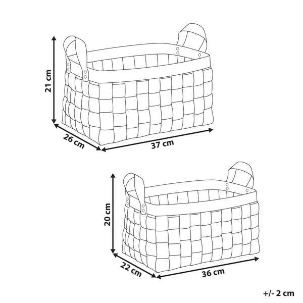 Abbildung von zwei geflochtenen Aufbewahrungskörben mit Größenangaben
