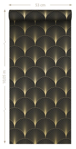 ESTAhome Tapete Art Decó Muster Schwarz und Gold - 53 cm x 10.05 m - 139457