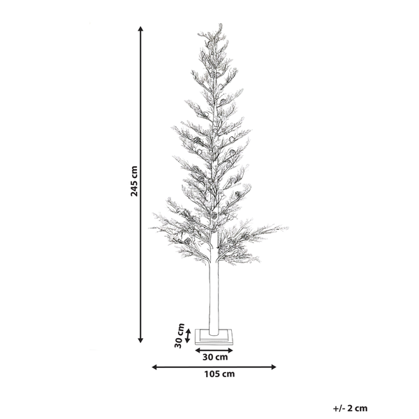 Abbildung eines Weihnachtsbaums mit den Maßen 245 cm Höhe, 105 cm Breite und einem Sockel von 30 mal 30 cm.