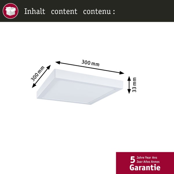 Quadratische LED Deckenleuchte mit den Maßen 300 x 300 x 33 Millimeter.