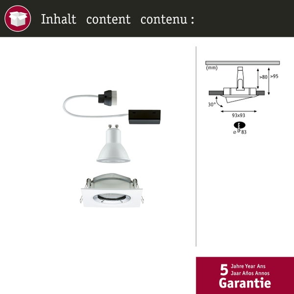 LED Einbauleuchte Nova Plus Einzelleuchte schwenkbar IP65 eckig 93x93mm 30° GU10 6W 470lm 230V dimmbar 4000K Weiß matt, Chrom