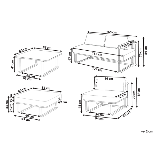 Maßzeichnung eines Loungemöbelsets bestehend aus Sofa, Sessel, Tisch und Hocker mit detaillierten Abmessungen in Zentimetern.