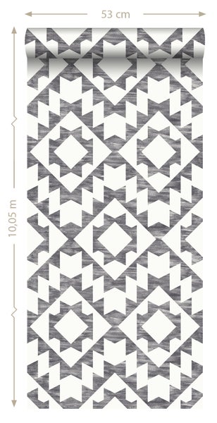 ESTAhome Tapete Marrakescher Aztec-Teppich Schwarz und Weiß - 53 cm x 10.05 m - 148677