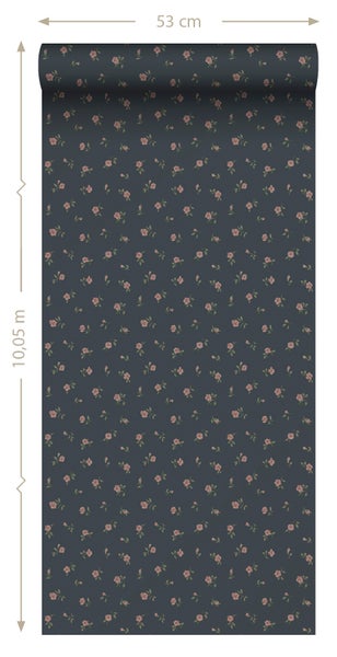 ESTAhome Tapete Blumenmuster Dunkelblau und Rosa - 50 x 900 cm - 139836