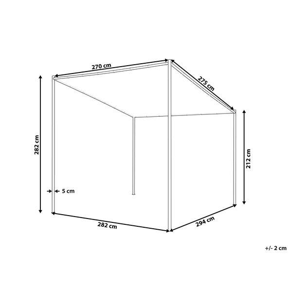 Maßzeichnung Pavillon: Höhe 282 und 212 Zentimeter, Grundfläche 282 mal 294 Zentimeter, Dach 270 mal 275 Zentimeter, Pfostenstärke 5 Zentimeter.