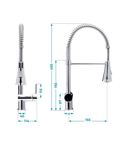 Maßzeichnung einer professionellen Spültischarmatur mit Spiralfeder-Auslauf und detaillierten Maßangaben in Millimetern.