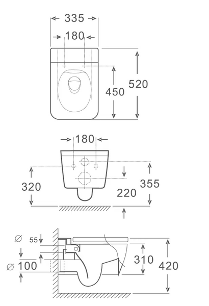 Technische Zeichnung eines wandhängenden WCs mit Maßangaben