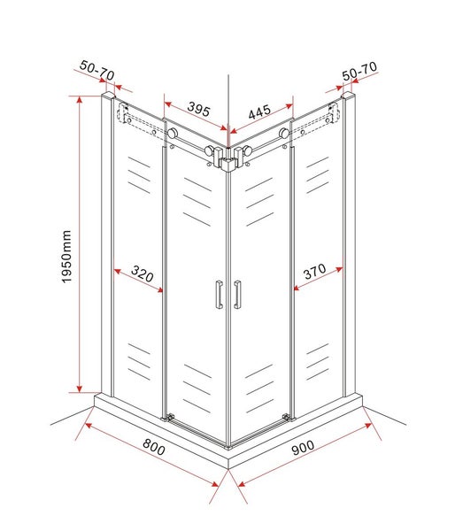 Technische Zeichnung einer Duschkabine mit Maßangaben.
