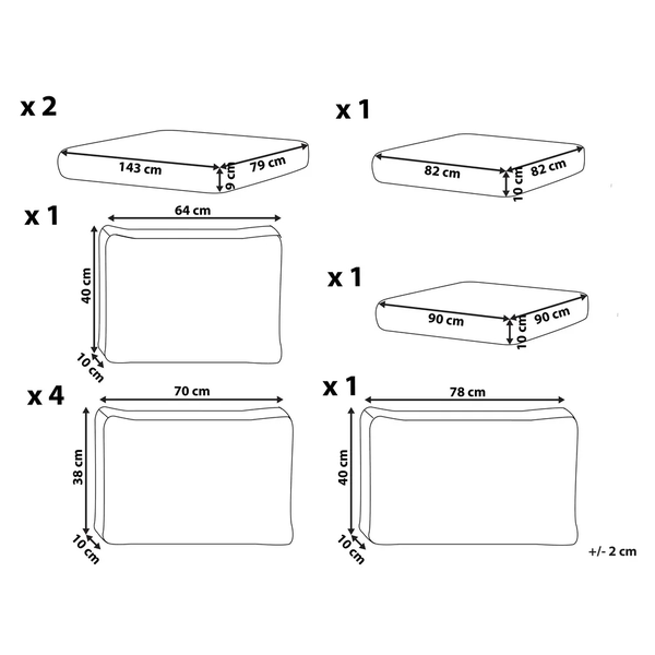 Skizze der Abmessungen der Kissen eines Lounge Sets.