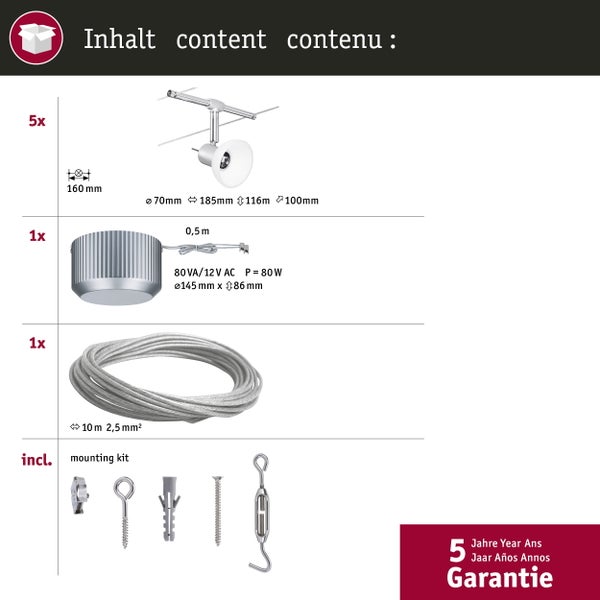 Seilsystem Sheela Basisset GU5,3 max. 5x10W dimmbar 230/12V Chrom matt, Opal