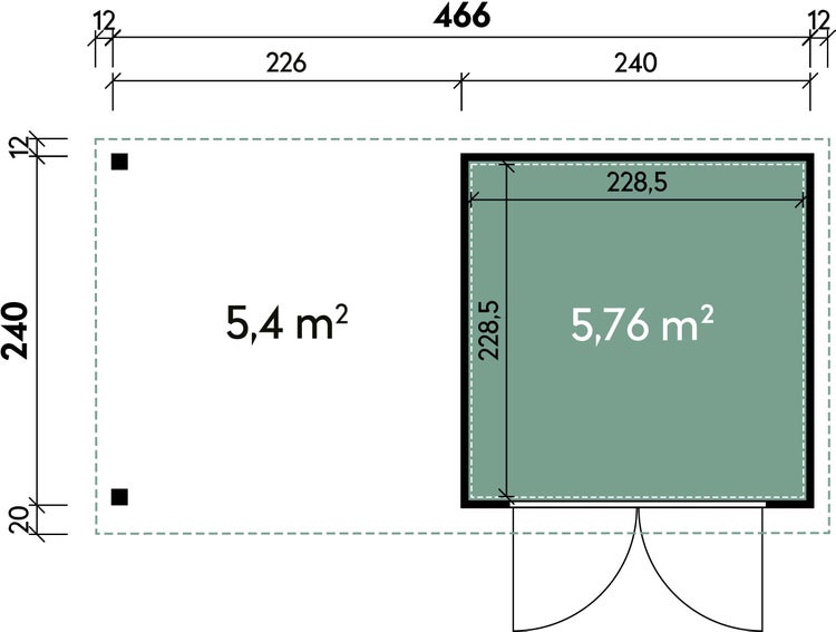 Grundrisszeichnung eines Gartenhauses mit überdachter Terrasse inklusive Maßen in Zentimetern und Flächenangaben in Quadratmetern.