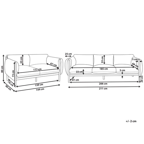 Technische Zeichnung mit den Maßen eines 2-Sitzer und 3-Sitzer Sofas in Zentimetern.
