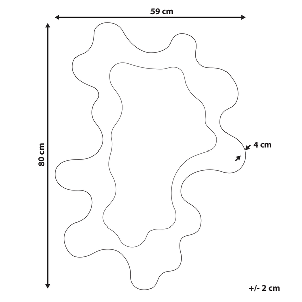 Technische Zeichnung eines organischen Spiegels mit Maßen 80 Zentimeter Höhe, 59 Zentimeter Breite, 4 Zentimeter Tiefe, plus minus 2 Zentimeter.