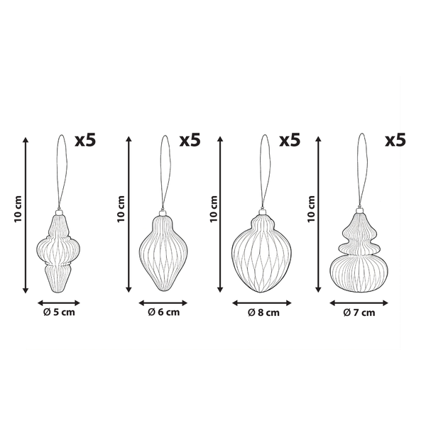 Skizze mit Maßen für vier verschiedene Weihnachtsbaumanhänger: Jeweils 5 Stück mit 10 Zentimeter Höhe und Durchmessern von 5, 6, 8 und 7 Zentimetern.