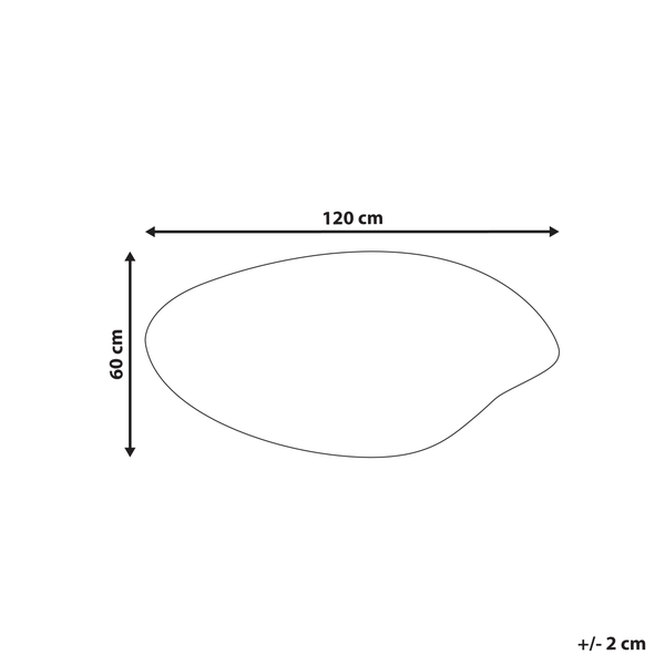Skizze der Abmessungen eines organisch geformten Produkts: 120 Zentimeter mal 60 Zentimeter, Toleranz plus minus 2 Zentimeter.