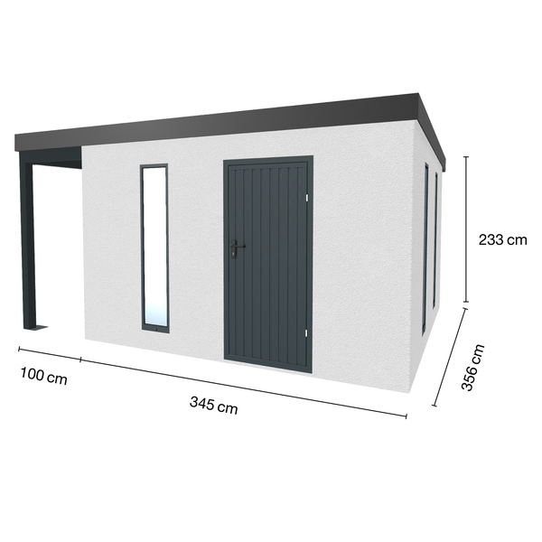 Abbildung eines Gartenhauses mit Tür, Fenster und Vordach mit den Maßen 345 cm x 356 cm x 233 cm.