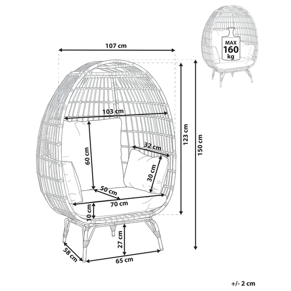 Technische Zeichnung eines eiförmigen Gartensessels mit Maßen in Zentimetern. Gesamthöhe 150, Breite 107 und maximale Tragkraft 160 Kilogramm.