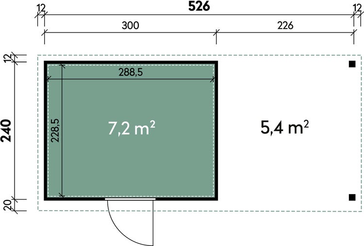 Grundrisszeichnung eines Gartenhauses mit Terrasse, Abmessungen in Zentimeter, Grundflächen in Quadratmeter.