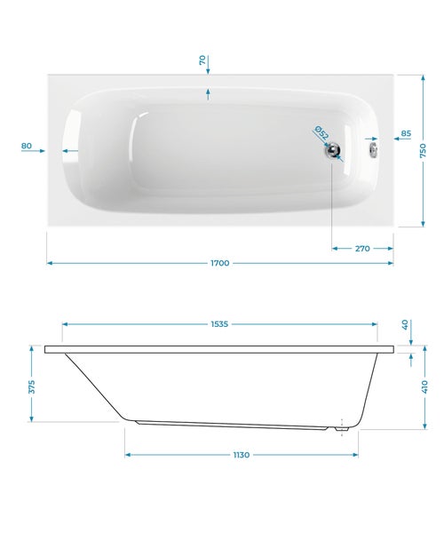 Technische Zeichnung einer rechteckigen Badewanne in der Draufsicht und Seitenansicht mit detaillierten Maßangaben in Millimetern.