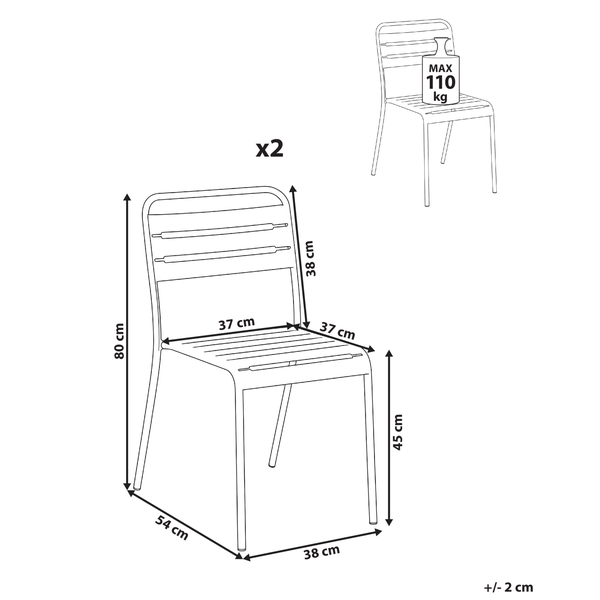 Maßzeichnung für 2 Stühle: Höhe 80 Zentimeter, Breite 38 Zentimeter, Tiefe 54 Zentimeter, Sitzhöhe 45 Zentimeter, maximale Last 110 Kilogramm.