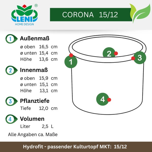 Technische Zeichnung der Pflanztopf Serie Corona 15/12 von Leni Home Design mit Maßen für Außendurchmesser, Innendurchmesser, Tiefe und Volumen.