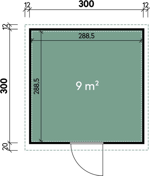 Grundriss eines Gartenhauses mit 9 Quadratmeter Grundfläche, Außenmaßen von 300 mal 300 Zentimeter und Wandstärke von 12 Zentimetern.