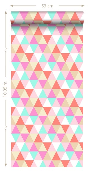 ESTAhome Tapete Dreiecke Rosa, Türkis und Korallenrot - 53 cm x 10.05 m - 138714
