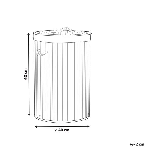 Technische Zeichnung eines zylindrischen Wäschekorbs mit Deckel und Seilgriffen. Maße: Höhe 60 Zentimeter, Durchmesser 40 Zentimeter.