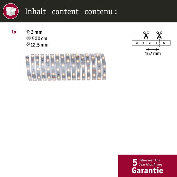 LED Stripe mit Produktdaten und Garantiehinweis