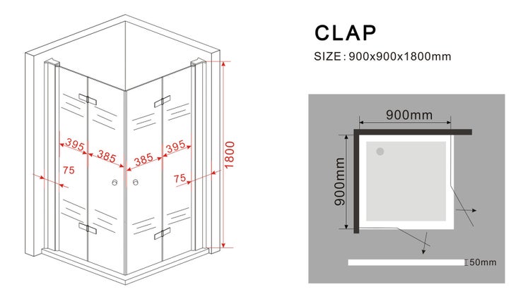 Technische Zeichnung einer Duschkabine mit den Maßen 900x900x1800 mm