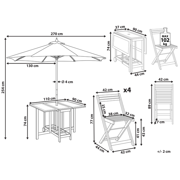 Gartenmöbel Set 4-Sitzer FRASSINE mit Schirm (12 Optionen) Akazienholz Naturfarben