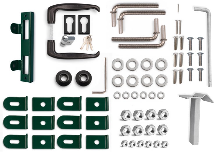 Komplettes Torbeschlagset mit Griff, Schloss, Schlüsseln, Scharnieren und Befestigungsmaterial für Holztore