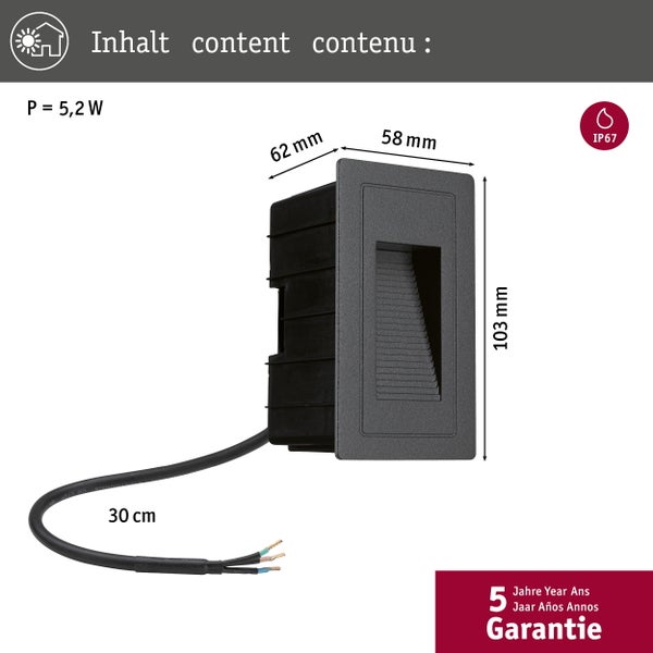 LED Außenwandeinbauleuchte High IP44 eckig 103x58mm 3000K 4W 30lm 230V Schwarz Aluminium
